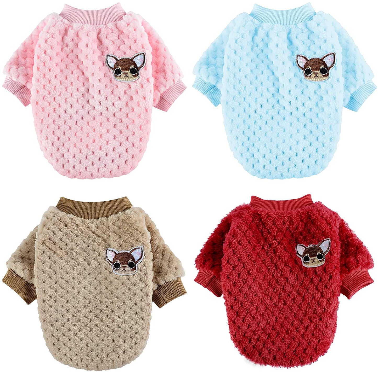 4 Pieces Small Dog Sweaters Chihuahua Fleece Clothes XXS~S Winter Warm Puppy Sweaters Boys Girls Tiny Dog Outfits for Teacup Yorkie Puppies Extra Small Breed Costume (X-Small Bust 10.23") Animals & Pet Supplies > Pet Supplies > Dog Supplies > Dog Apparel Kosiyi Red+Brown+Blue+Pink X-Large (16-22 Ib) 