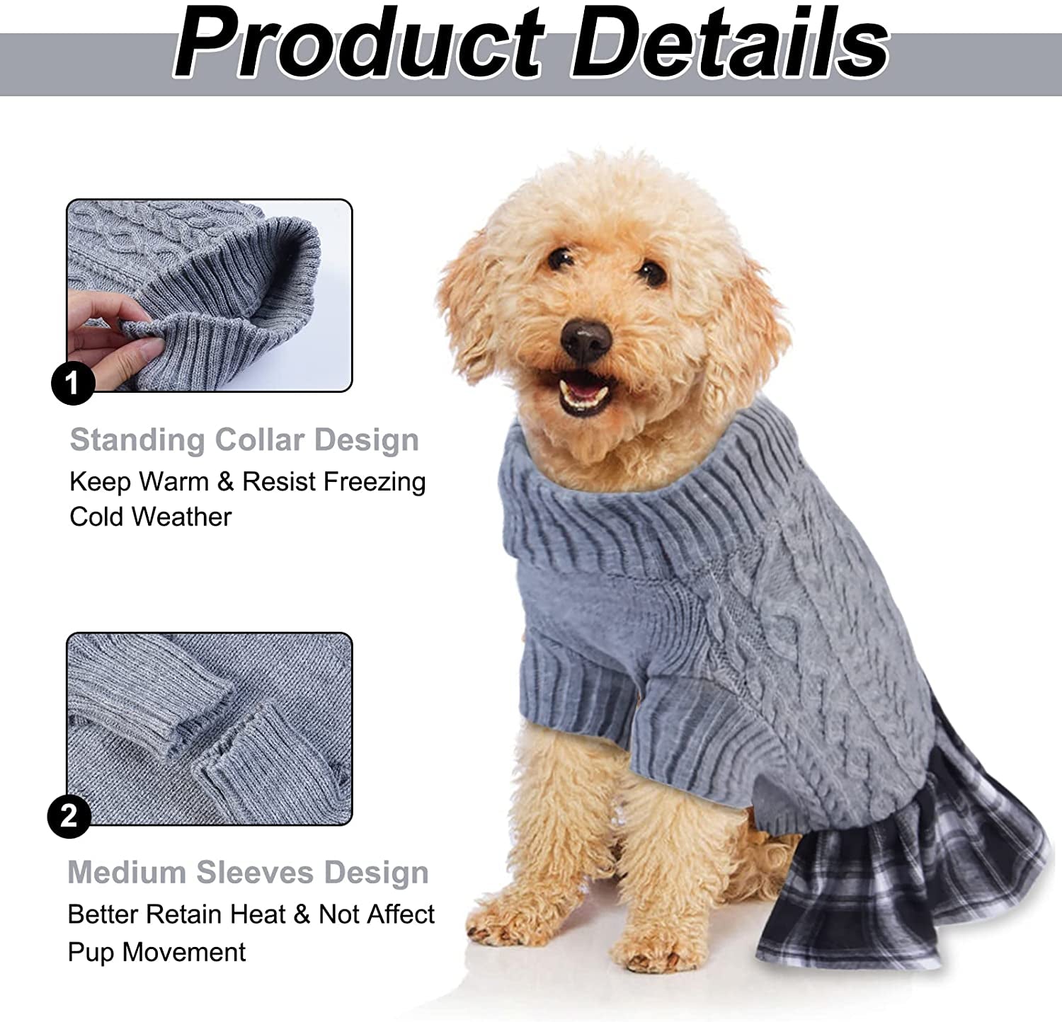 Warm Dog Sweater Stand Collar for Small Medium Puppy, Stretchy Plaid Winter Dog Skirt Dress Knitted Sweater, Comfortable Cold Weather Pet Clothes for Bichon Frise, Schnauzer, Poodle, Pink, XS Animals & Pet Supplies > Pet Supplies > Dog Supplies > Dog Apparel PUMYPOREITY   