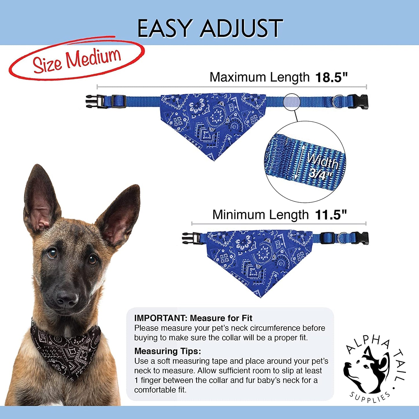 Alpha Tail Supplies Dog Bandana Collar Scarf | for Dog, Puppy & Cat | Small, Medium & Large Adjustable Collars | Handkerchief Colors Include Red, Blue & Black | 1 Poop Bag Roll & 1 Dispenser Animals & Pet Supplies > Pet Supplies > Dog Supplies > Dog Apparel Alpha Tail Supplies   