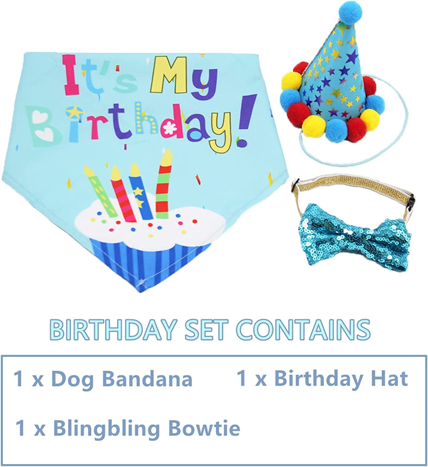 ADOGGYGO Dog Birthday Bandana Scarf and Dog Girl Boy Birthday Party Hat with Cute Dog Bow Tie for Small Medium Large Dog Pet (Large, Blue) Animals & Pet Supplies > Pet Supplies > Dog Supplies > Dog Apparel ADOGGYGO   