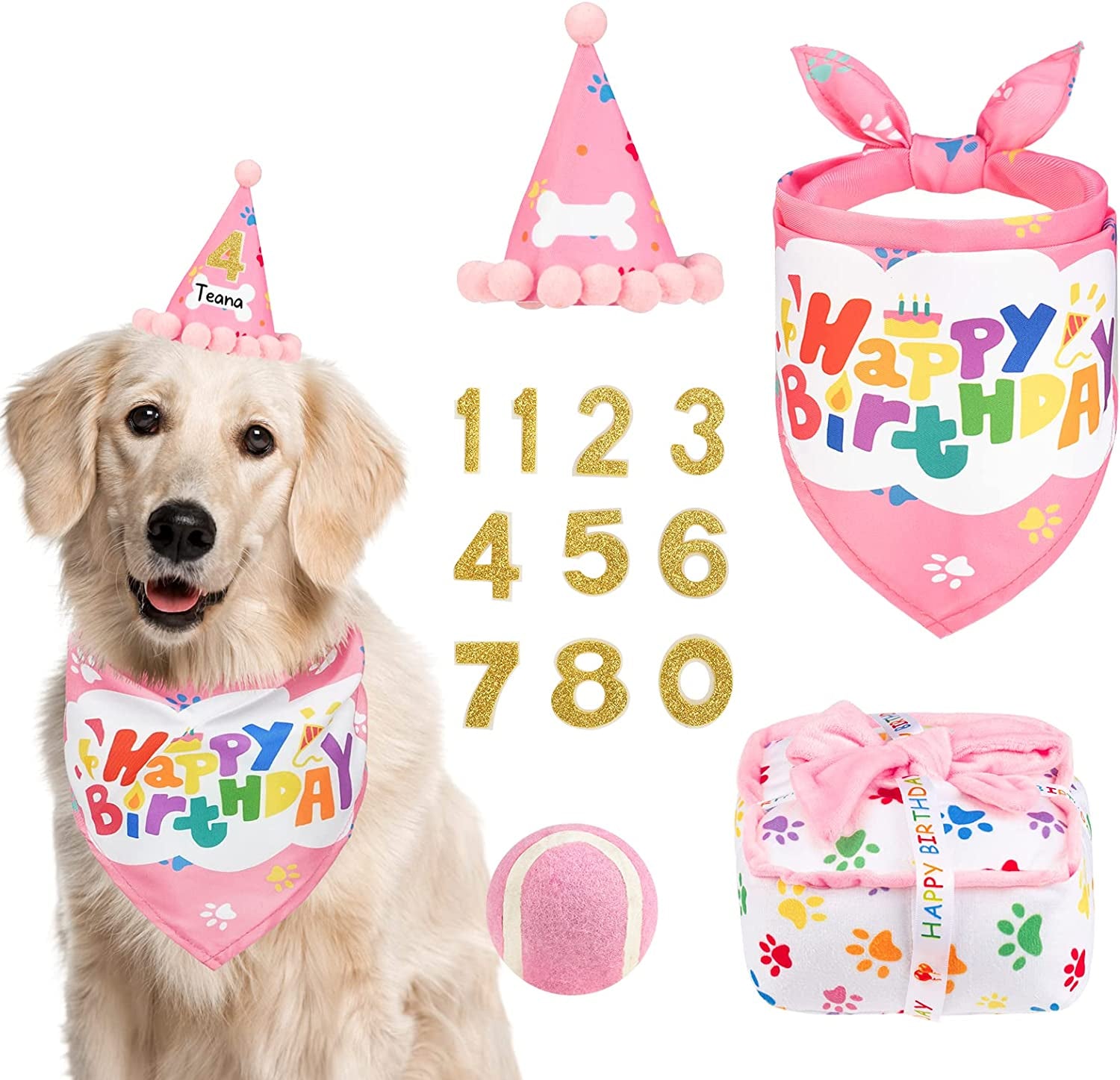 EXPAWLORER Dog Birthday Outfit - Cute Hat Bandana Scarf and Squeaky Cake Dog Toy for Birthday Party Supplies Gift, Great Party Decorations for Small Medium Large Dogs Girl Pink Animals & Pet Supplies > Pet Supplies > Dog Supplies > Dog Apparel EXPAWLORER Pink Tennis 