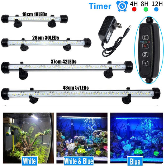 DONGPAI 18/28/37/48Cm LED Aquarium Light, Timer Submersible Fish Tank Light, 3 Light Modes White & Blue LED Aquarium Light Bar