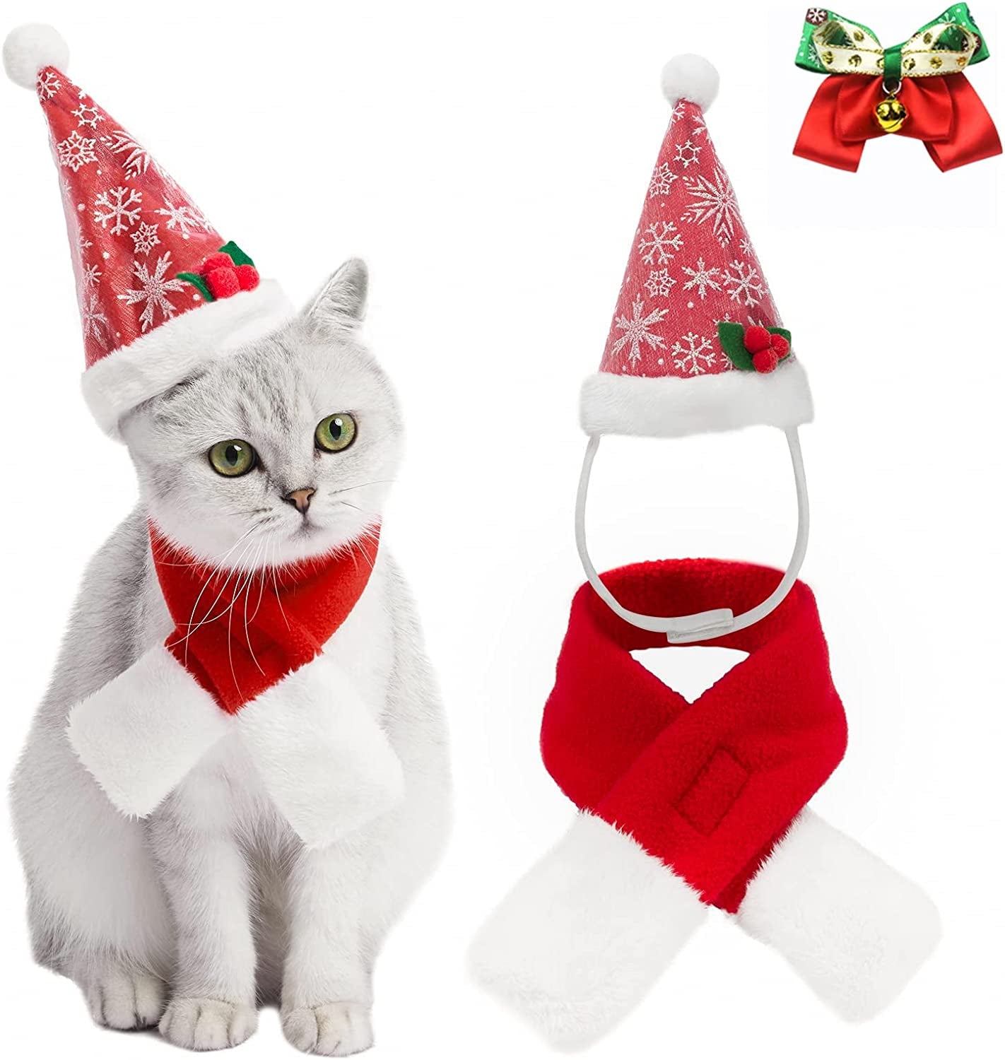 VALUCKEE Christmas Cat Costumes Santa Hats and Scarf, Adjustable Xmas Outfit Clothes with Bow Tie for Pet Small Dog, Winter Warm Snowflake Hat for Cat, Kitty Puppy Xmas Gift Present Animals & Pet Supplies > Pet Supplies > Dog Supplies > Dog Apparel VALUCKEE Snow Red  