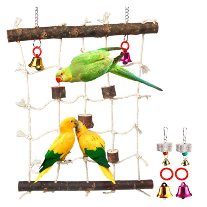 Parrot Climbing Ladder Toys Bird Rope Ladder Wooden Chewing Blocks Hanging Cage Perch Stand Chew Stones Bell Toy