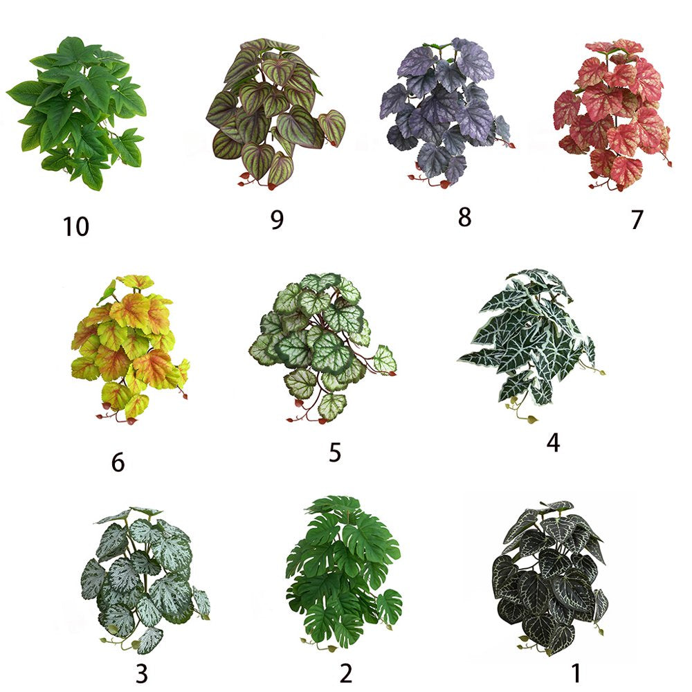 Sorrowso Terrarium Plants Artificial Plant for Reptile Amphibian Tank Pet Habitat Decorations Lifelike Tropical Leaves 10 Styles