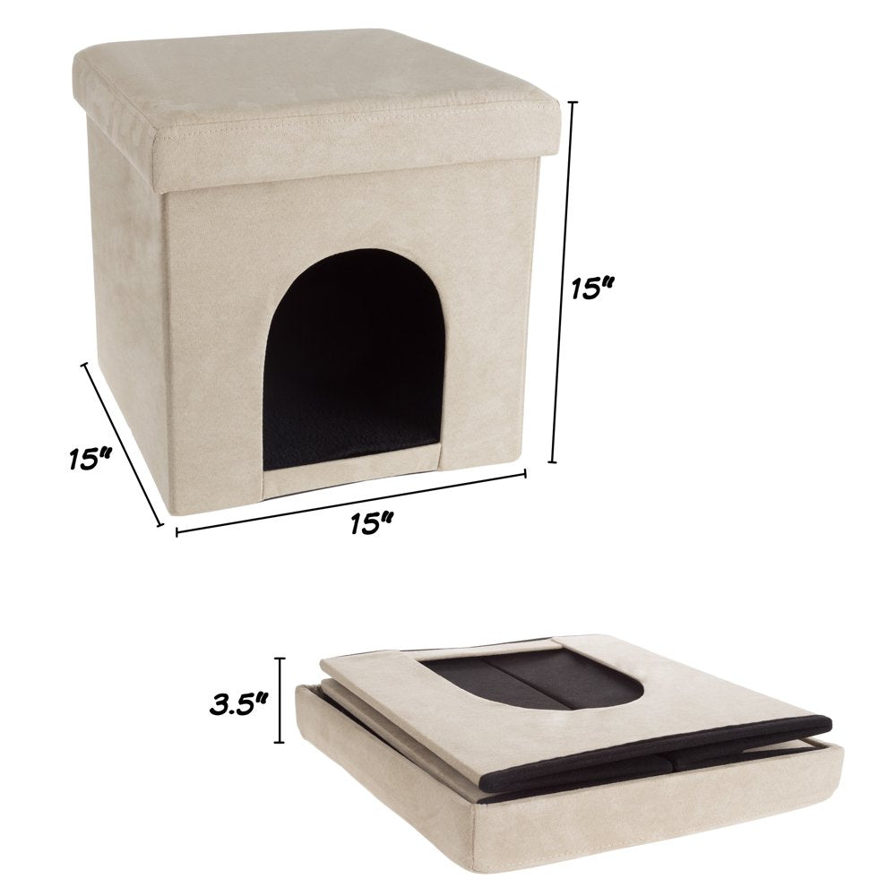 Pet House Ottoman - Collapsible Multipurpose Small Dog or Cat Bed Cube and Footrest with Cushion Top and Interior Pillow by PETMAKER (Microsuede Tan) Animals & Pet Supplies > Pet Supplies > Cat Supplies > Cat Beds Trademark Global, LLC.   