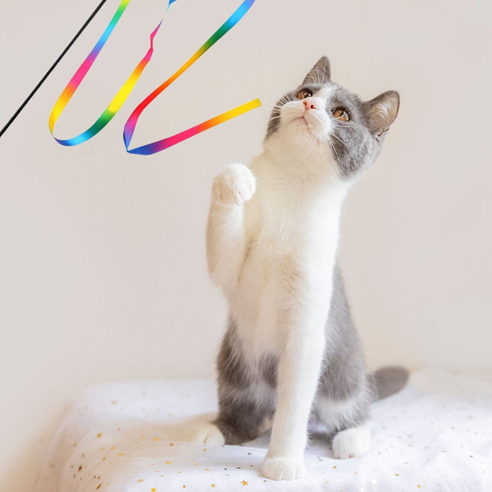 Feelers Interactive Cat Rainbow Wand Toys, Interactive Cat Teaser Wand String, Colorful Ribbon Charmer for Kittens, 2Pcs(60Cm)