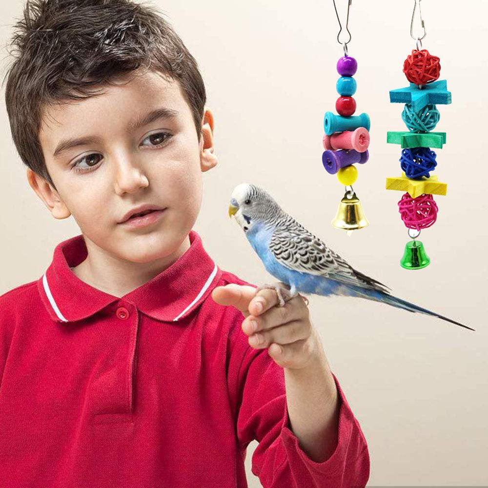 Jiaqi 7Pcs Wooden Beads Bell Swing Ladder Bird Parakeet Hanging Perch Parrot Pet Toy