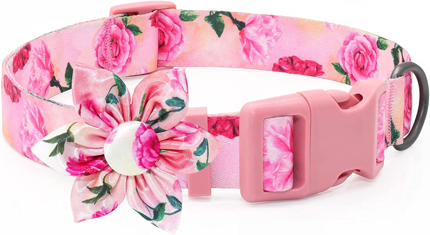 Pink Dog Collar Floral Girl Dog Collar with Rose Flower Bow Tie Dog Collar for Cute Girl Female Cats Dogs Spring Summer Season Dog Collar for Small Medium Large Dogs for Your Furbaby Animals & Pet Supplies > Pet Supplies > Dog Supplies > Dog Apparel DQGHQME Rose-Pink S 