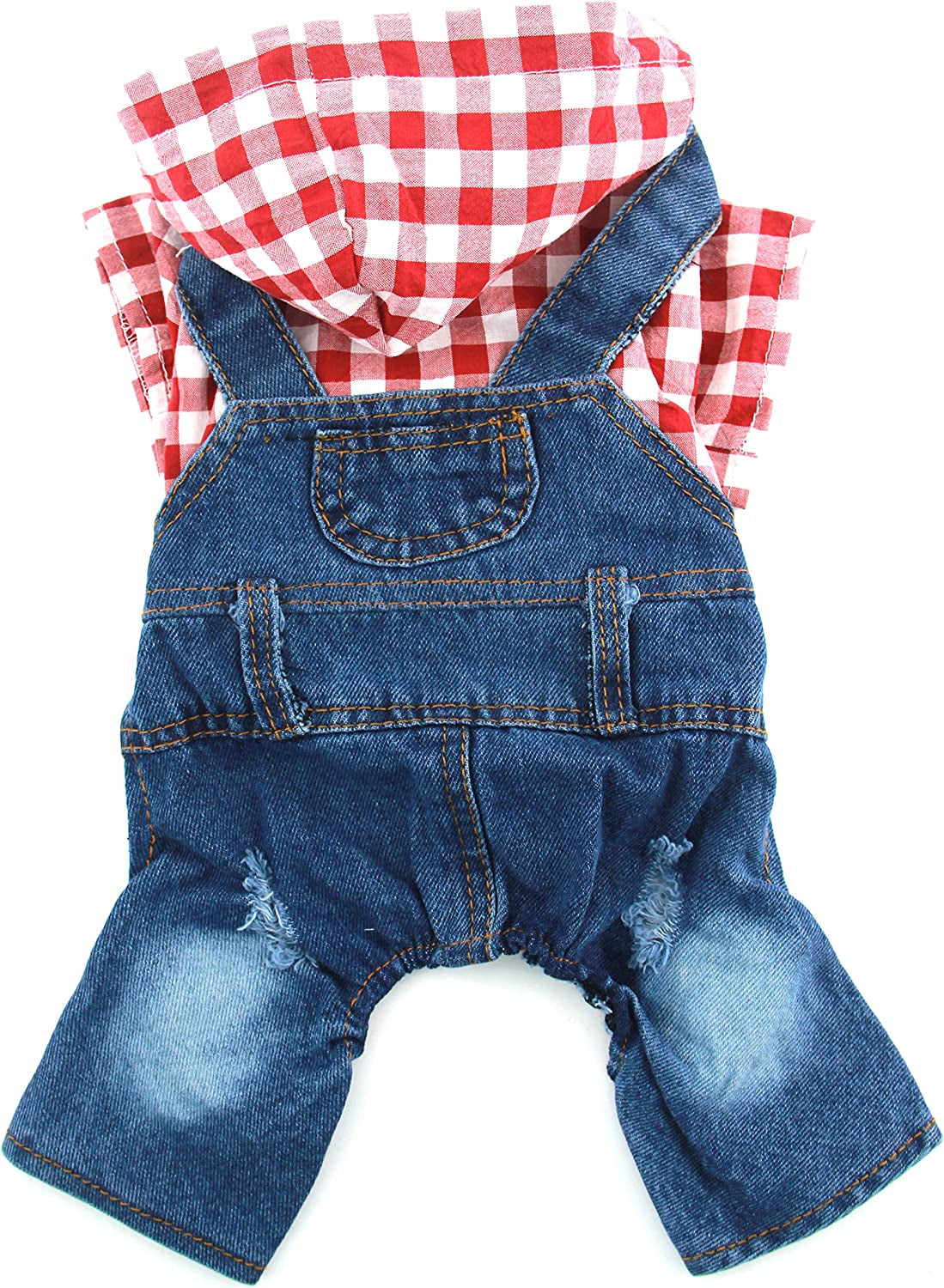 PETCARE Pet Dog Denim Jumpsuit Plaid Hoodies Puppy Overalls Doggy Jeans Jacket Clothes for Small Dogs Cats Chihuahua Yorkie Spring Summer Costume Outfit Animals & Pet Supplies > Pet Supplies > Dog Supplies > Dog Apparel Yi Wu Shi Jia Chong Dian Zi Shang Wu Shang Hang Red L(Suggest 9-11 lbs) 