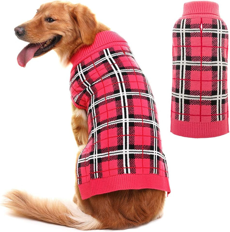 PUPTECK Classic Plaid Style Dog Sweater - Puppy Festive Winter Cloth Animals & Pet Supplies > Pet Supplies > Dog Supplies > Dog Apparel Beibao Pink M - Chest 22"-23", Length 16" 