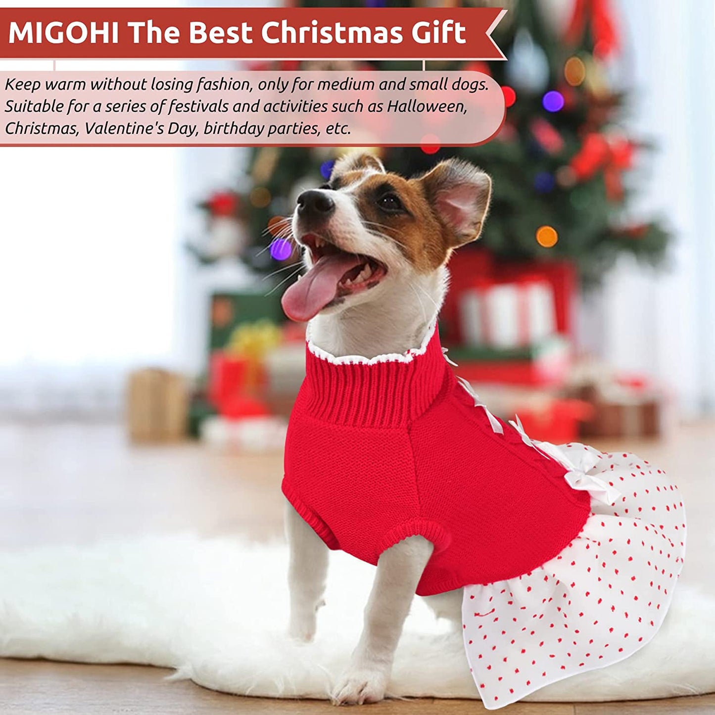 MIGOHI Dog Christmas Sweater Dress, Small Dog Winter Sweaters Puppy Coats with Leash Hole, Turtleneck Dog Pullover Valentine'S Day Knitwear Pet Fall Vest with Heart Pattern for Small Medium Dogs Animals & Pet Supplies > Pet Supplies > Dog Supplies > Dog Apparel MIGOHI   