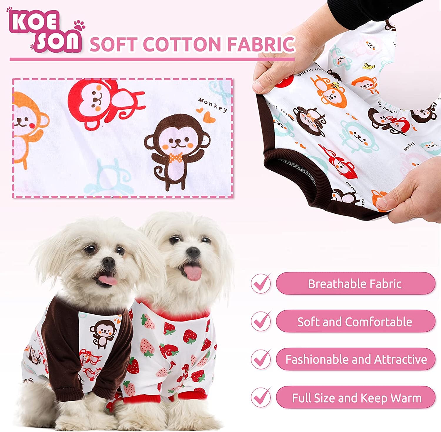 KOESON 2 Pack Cotton Dog Pajamas, Cozy Stretchy Cat Onesie Pet Jumpsuit Clothes with Cute Fruit/Animal Pattern, Soft Breathable Puppy Rompers Bodysuit Shirts for Small Medium Dogs Cats Animals & Pet Supplies > Pet Supplies > Dog Supplies > Dog Apparel KOESON   