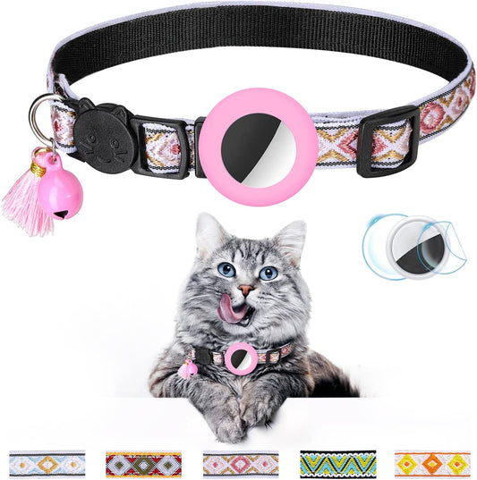 Airtag Cat Collar with Bell Adjustable Breakaway Kitten Collars:- Safety Buckle and Silicone Air Tag Holder Case Compatible with Apple Airtag Geometric Pattern Pet Collar Electronics > GPS Accessories > GPS Cases OEBEESA pink  