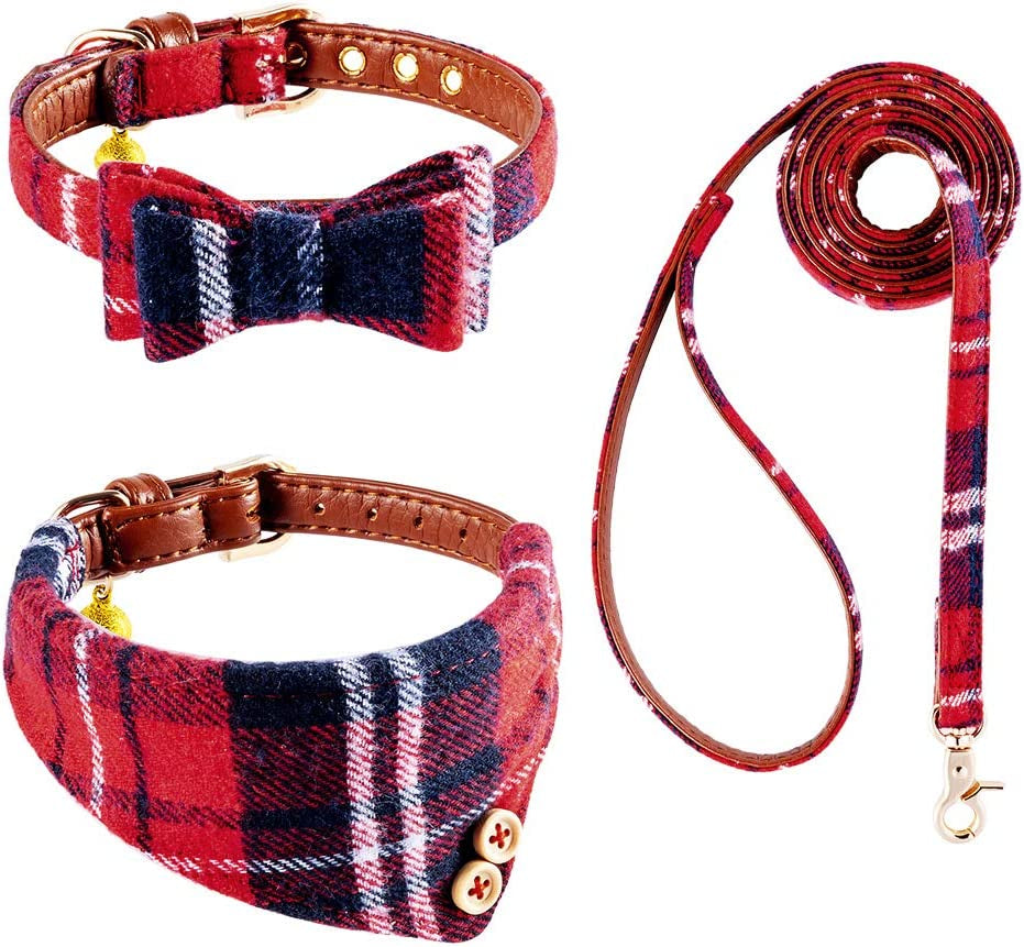 EXPAWLORER Dog Collar and Leash Set - Classic Plaid Dog Bow Tie and Dog Bandana Collar with Bell, Dog Leash Tangle Free, Adjustable Collars for Small Medium Large Dogs Cats, Holiday Ideal Gift Animals & Pet Supplies > Pet Supplies > Dog Supplies > Dog Apparel EXPAWLORER Blue & Red Small 