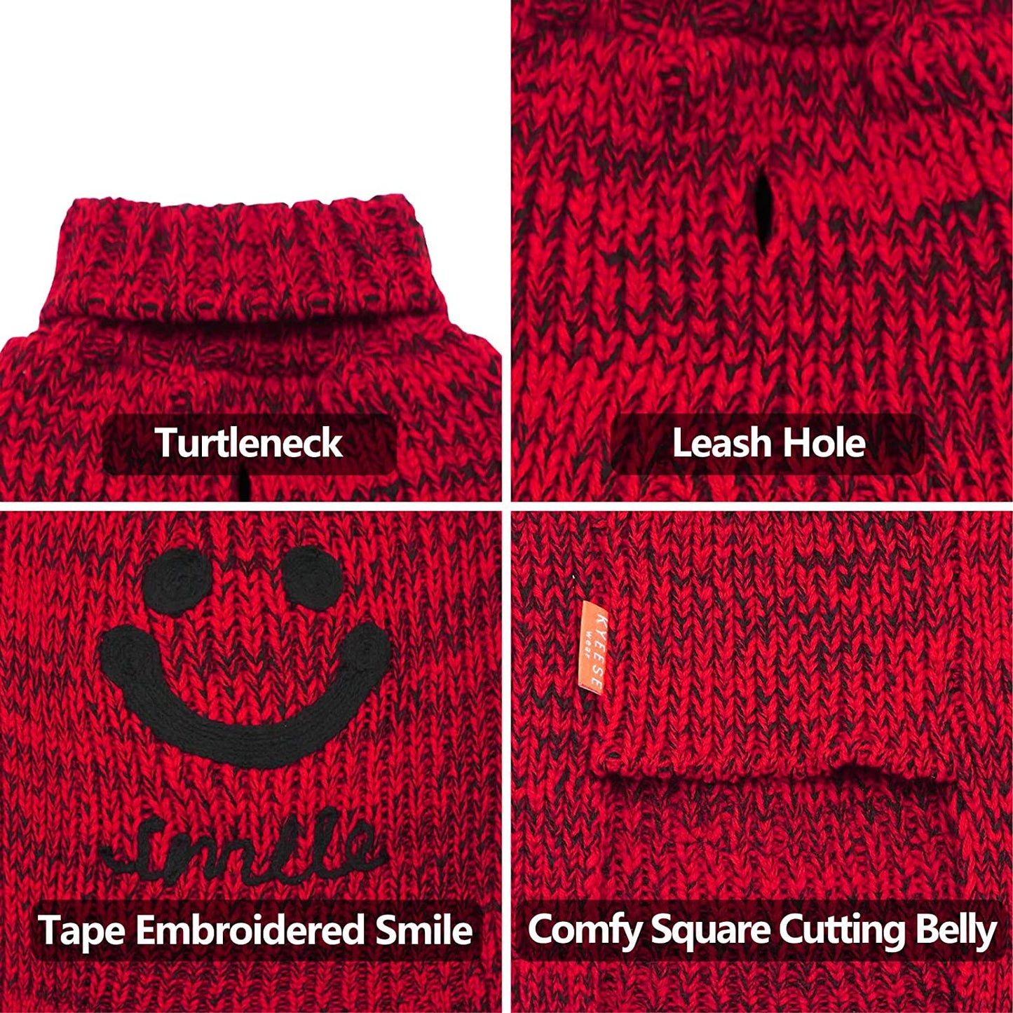 KYEESE Dog Sweater Turtleneck Smile Face Dog Knitwear with Leash Hole for Small Dogs Pet Sweater,Red,M Animals & Pet Supplies > Pet Supplies > Dog Supplies > Dog Apparel kyeese   