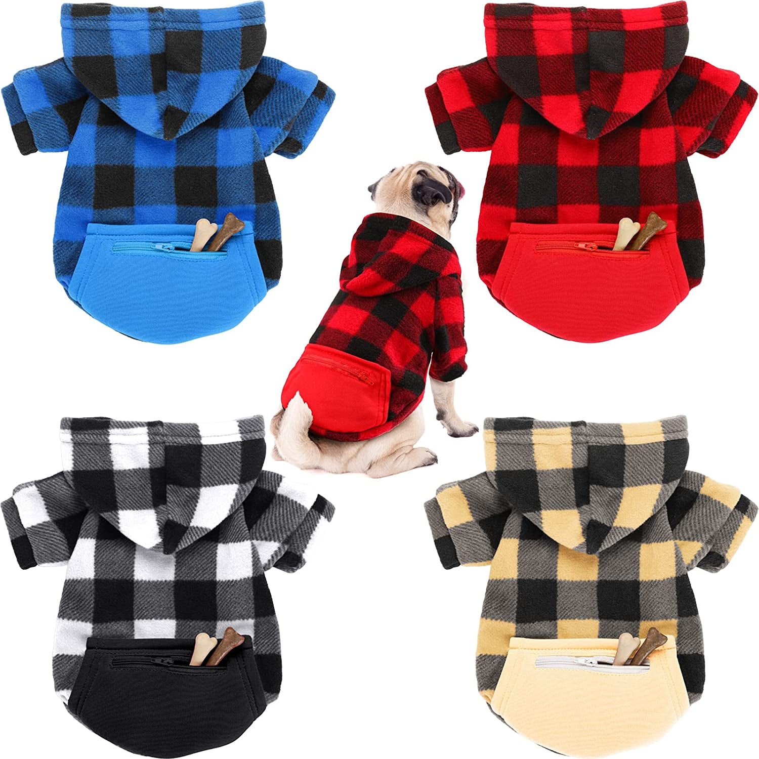 Saintrygo 4 Pieces Dog Hoodie Christmas Winter Warm Clothing with Pockets for Small Dogs Sweater Hood Sweaters Hat Chihuahua Coat Puppy Cat Custume (Plaid, Large), Blue,White Animals & Pet Supplies > Pet Supplies > Dog Supplies > Dog Apparel Saintrygo Plaid Large 