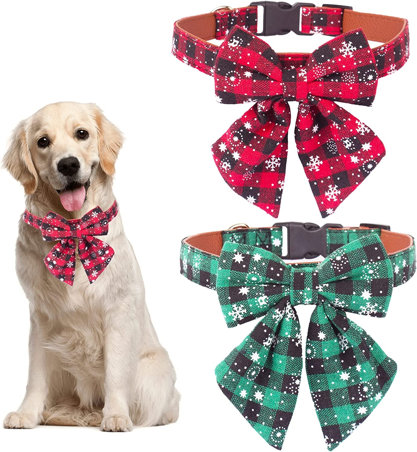 ADOGGYGO 2 Pack Christmas Dog Collar with Bow Tie, Classic Plaid Red Green Dog Collars with Removable Bowtie Christmas Collars for Small Medium Large Dogs Pets (Large) Animals & Pet Supplies > Pet Supplies > Dog Supplies > Dog Apparel ADOGGYGO Large  