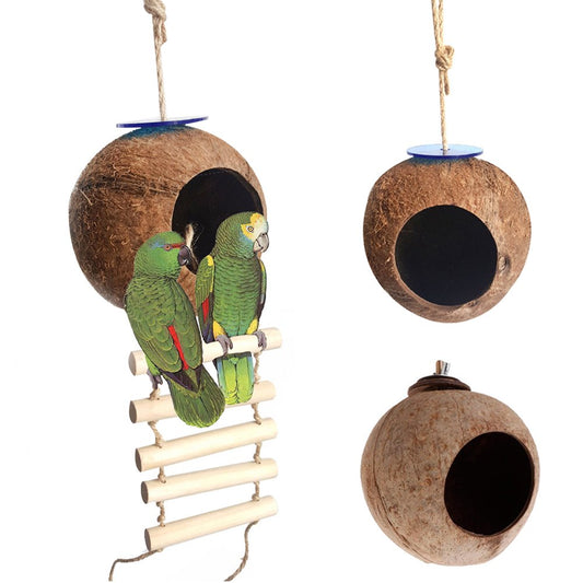 SPRING PARK Coconut Bird Nest Hut with Ladder for Parrots Parakeet Conures Cockatiel - Small Animals House Pet Cage Habitats Decor Animals & Pet Supplies > Pet Supplies > Small Animal Supplies > Small Animal Habitats & Cages SPRING PARK 2  