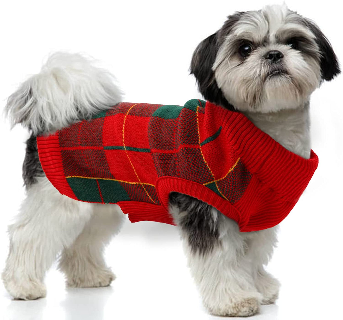 Classic Plaid Dog Sweater with Leash Hole, Warm Stretchy Knitwear for Small Medium Dog, Soft Jacquard Knit Pullover with Elastic High Collar for Spring Fall Winter Christmas Cold Weather Daily Wear Animals & Pet Supplies > Pet Supplies > Dog Supplies > Dog Apparel PUMYPOREITY Red/Green X-Large 