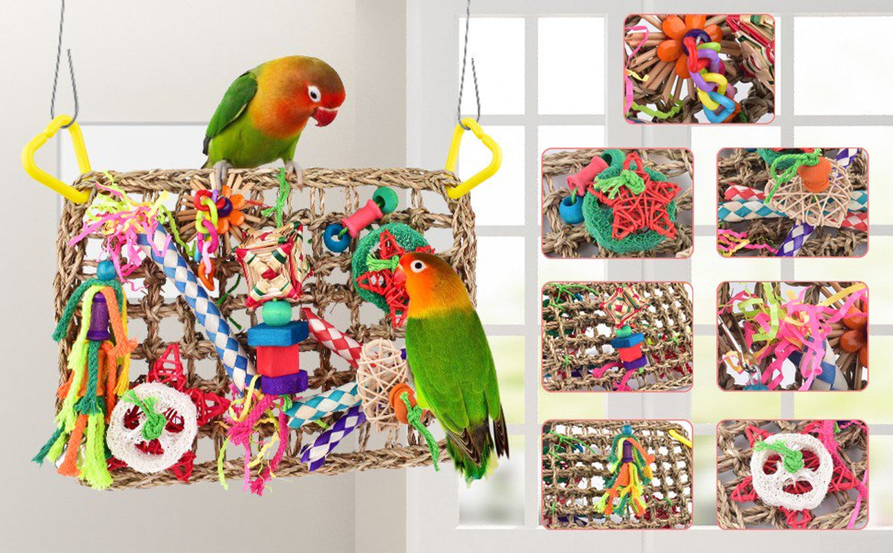 JSSH Bird Toys Seagrass Bird Foraging Toys Wall Edible Seagrass Woven Climbing Hammock Mat with Colorful Chewing Toys Pet Molar Pastime Parrot Toy Animals & Pet Supplies > Pet Supplies > Bird Supplies > Bird Toys JSSH   