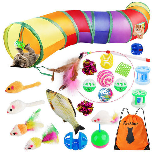 Legendog 20PCS Cat Toys Set Kitten Interactive Toy Assortments Rainbow Tunnel Cats Feather Teaser Wand Spring Toy Mouse Toys Cat Bell Ball for Indoor Kitty Cats