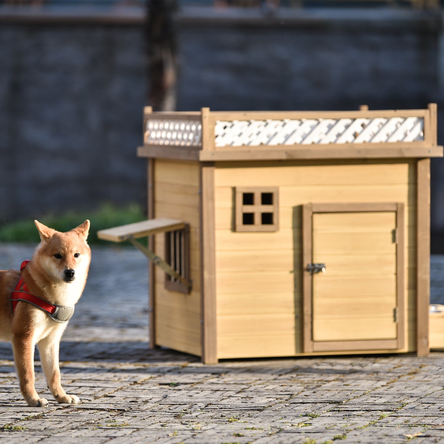 Atotoa 31.5" Wooden Dog House Puppy Shelter Kennel Outdoor & Indoor Dog Crate, with Flower Stand, Plant Stand, with Wood Feeder Animals & Pet Supplies > Pet Supplies > Dog Supplies > Dog Houses Atotoa   