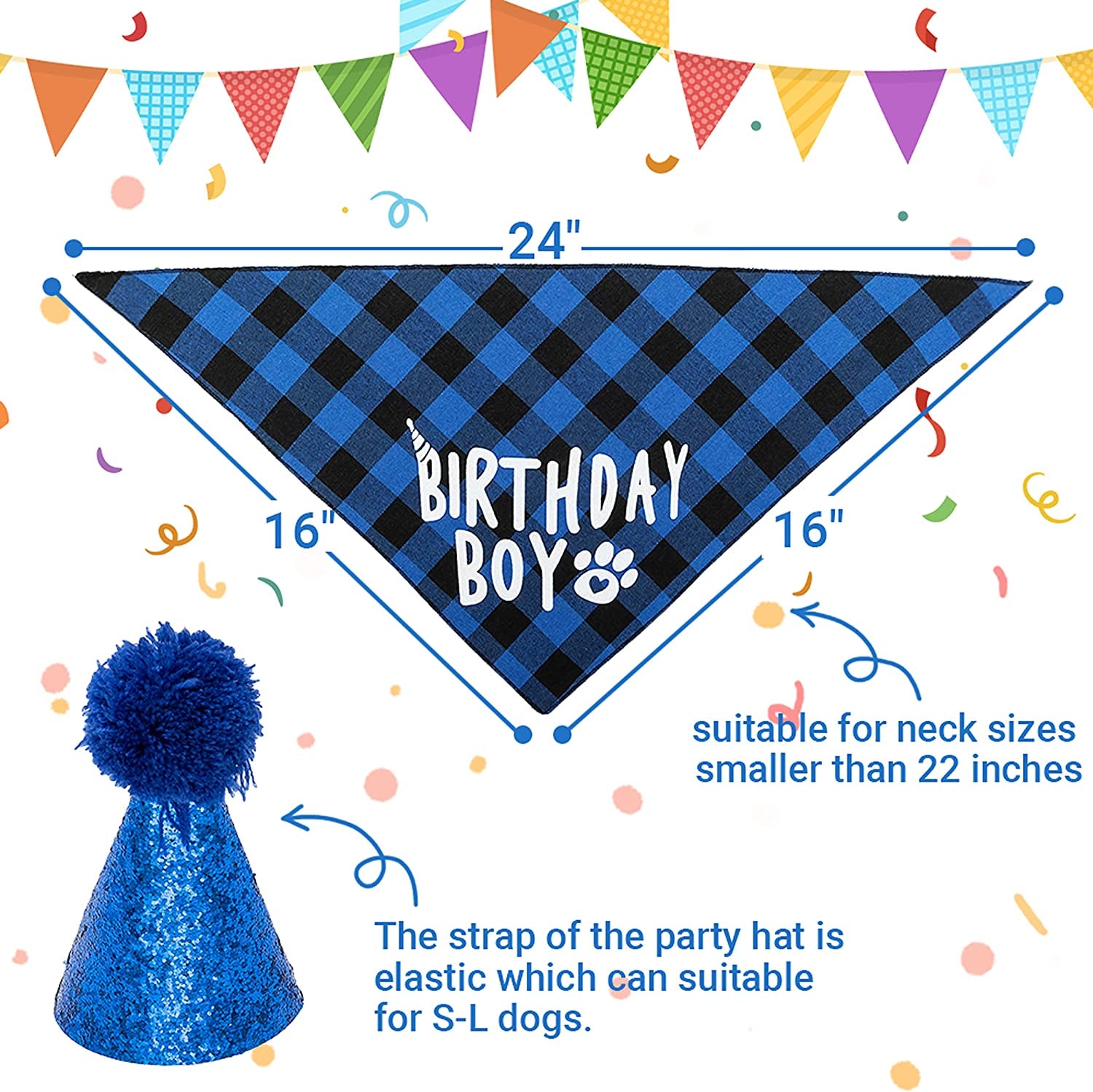 FLYSTAR Dog Birthday Bandana with Hat and Number - Plaid Cute Doggy Bandana for Small Medium Large Dogs Boy- Blue Triangle Scarf Bibis Party Dog Outfits Animals & Pet Supplies > Pet Supplies > Dog Supplies > Dog Apparel FLYSTAR   