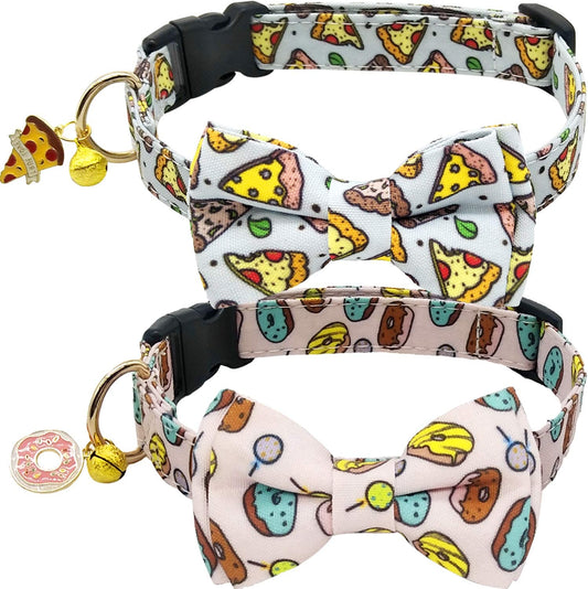 KUDES 2 Pack Dog Collars with Bow Tie, Adjustable Dog Collar with Bells Safety Buckle Cute Pet Collars for Small/Medium/Large Dogs and Cats Boys Girls (Doughnut+Pizza, L(14"-22")) Animals & Pet Supplies > Pet Supplies > Dog Supplies > Dog Apparel Leegoo Doughnut+Pizza L(14"-22") 