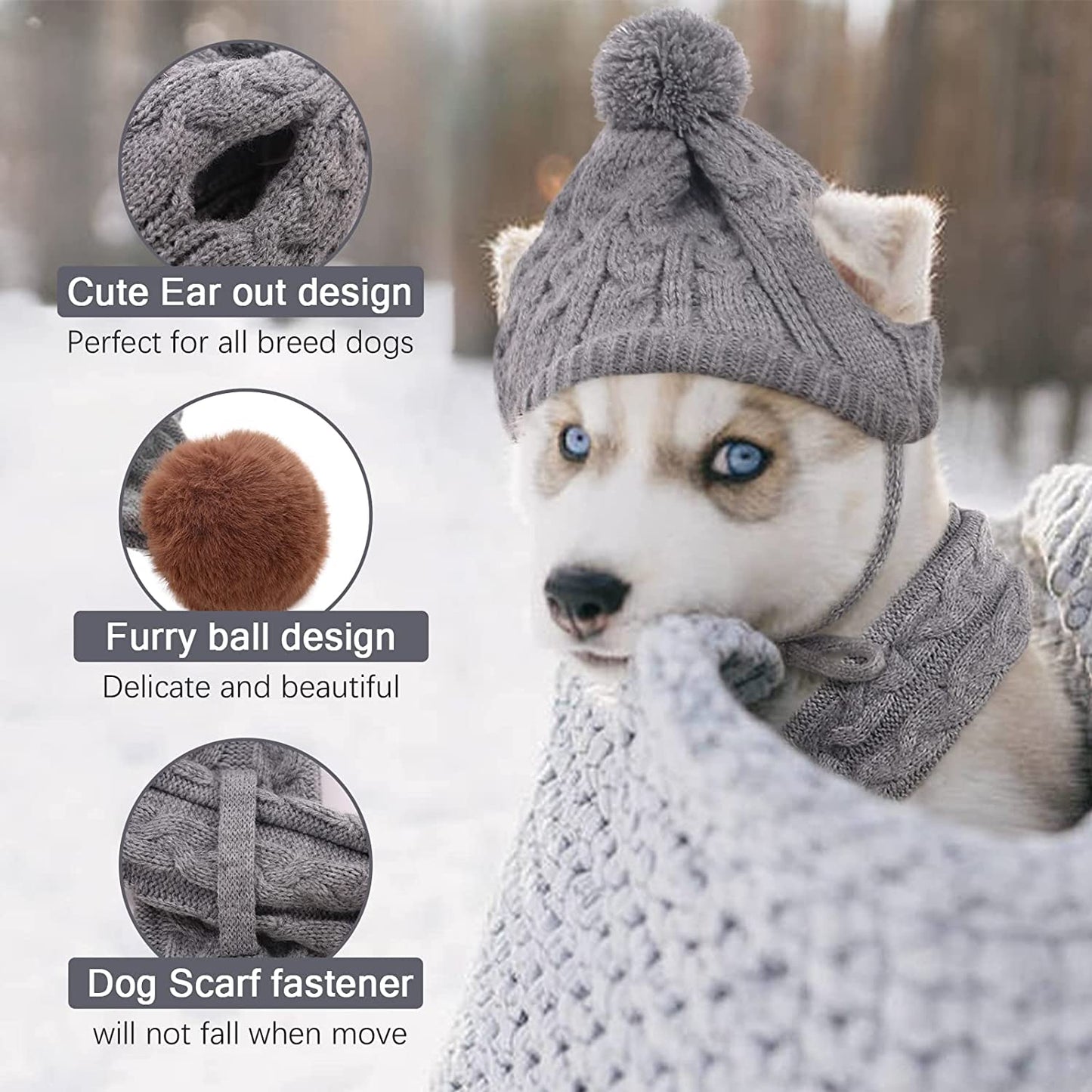 Kuoser Dog Hat & Scarf Set, Dog Knitted Hat Pet Christmas Winter Warm Caps Cute Accessories Neck Ear Warmer Hood Warm Scarf Party Decoration for Pet Cat and Dog Fit for Small Medium Large Dogs Grey Animals & Pet Supplies > Pet Supplies > Dog Supplies > Dog Apparel Kuoser   