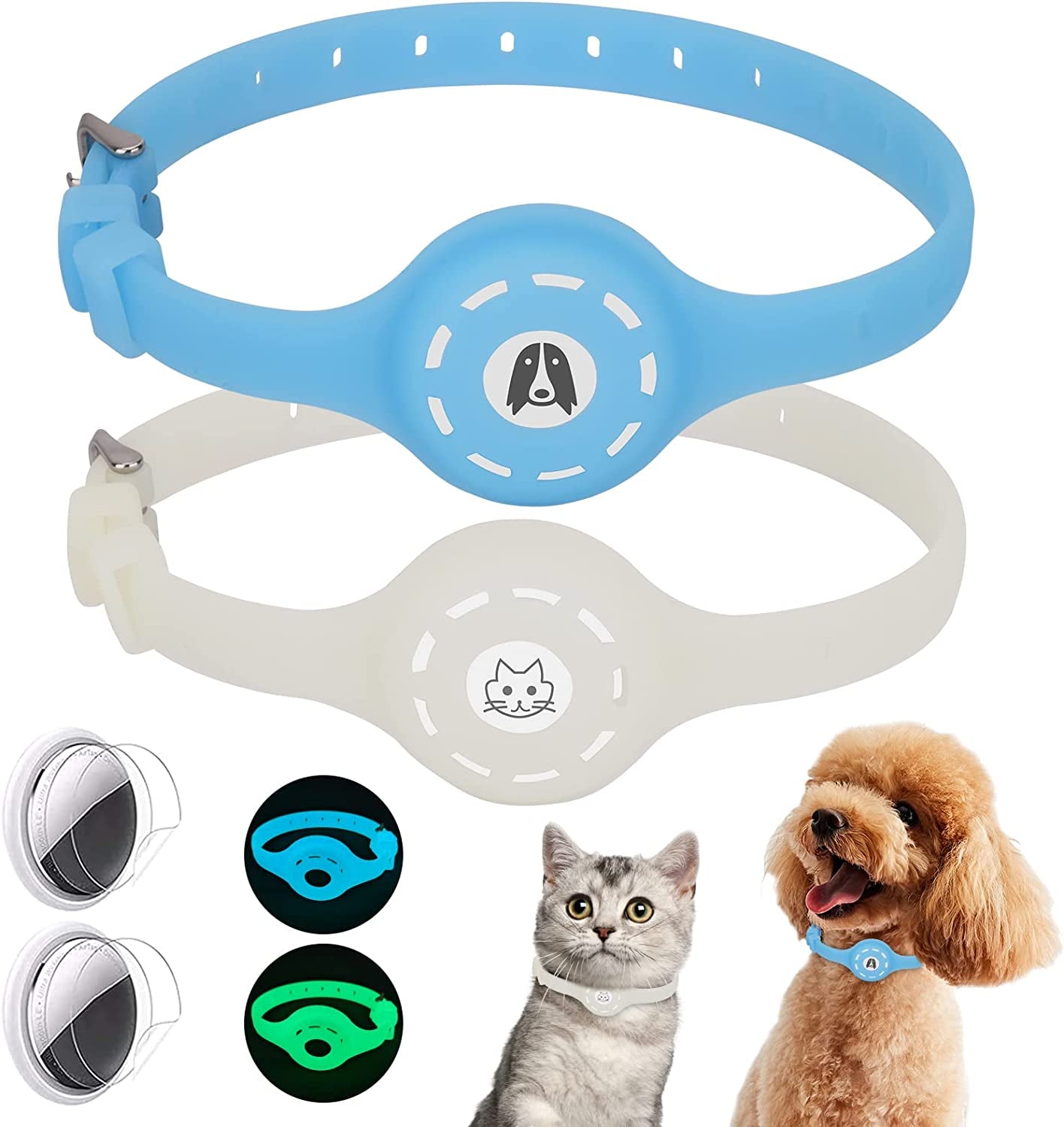 Airtag Cat Collar with Airtag Holder Case Integrated 2 Pack, Luminous Silicone Anti-Lost Apple Air Tag Dog Holder for Pet and 2 HD Protective Film Set