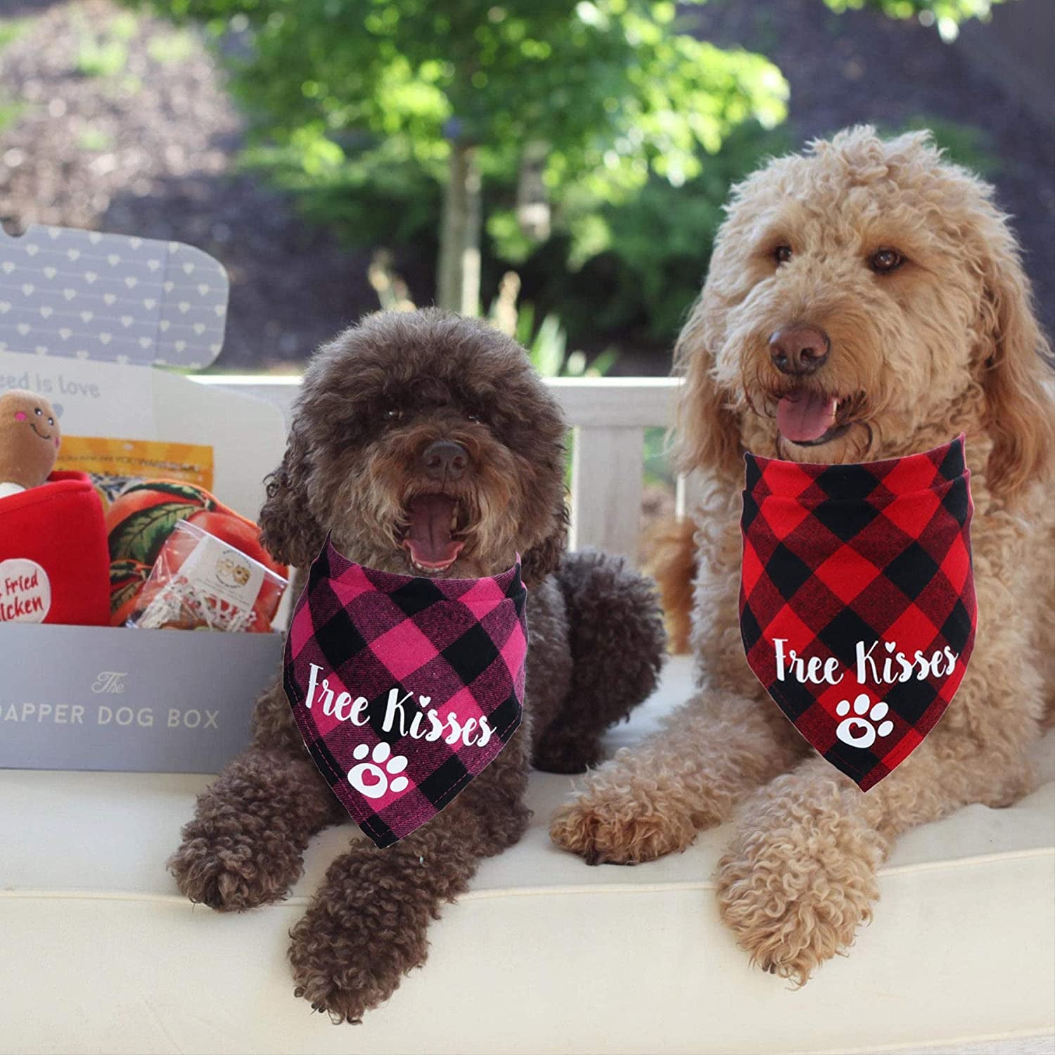 STMK 2 Pack Valentine'S Day Plaid Dog Bandana, Free Kisses Plaid Dog Puppy Bandana Triangle Scarf for Dog Puppy Valentine'S Day Wedding Holiday Party Supplies Animals & Pet Supplies > Pet Supplies > Dog Supplies > Dog Apparel STMK   