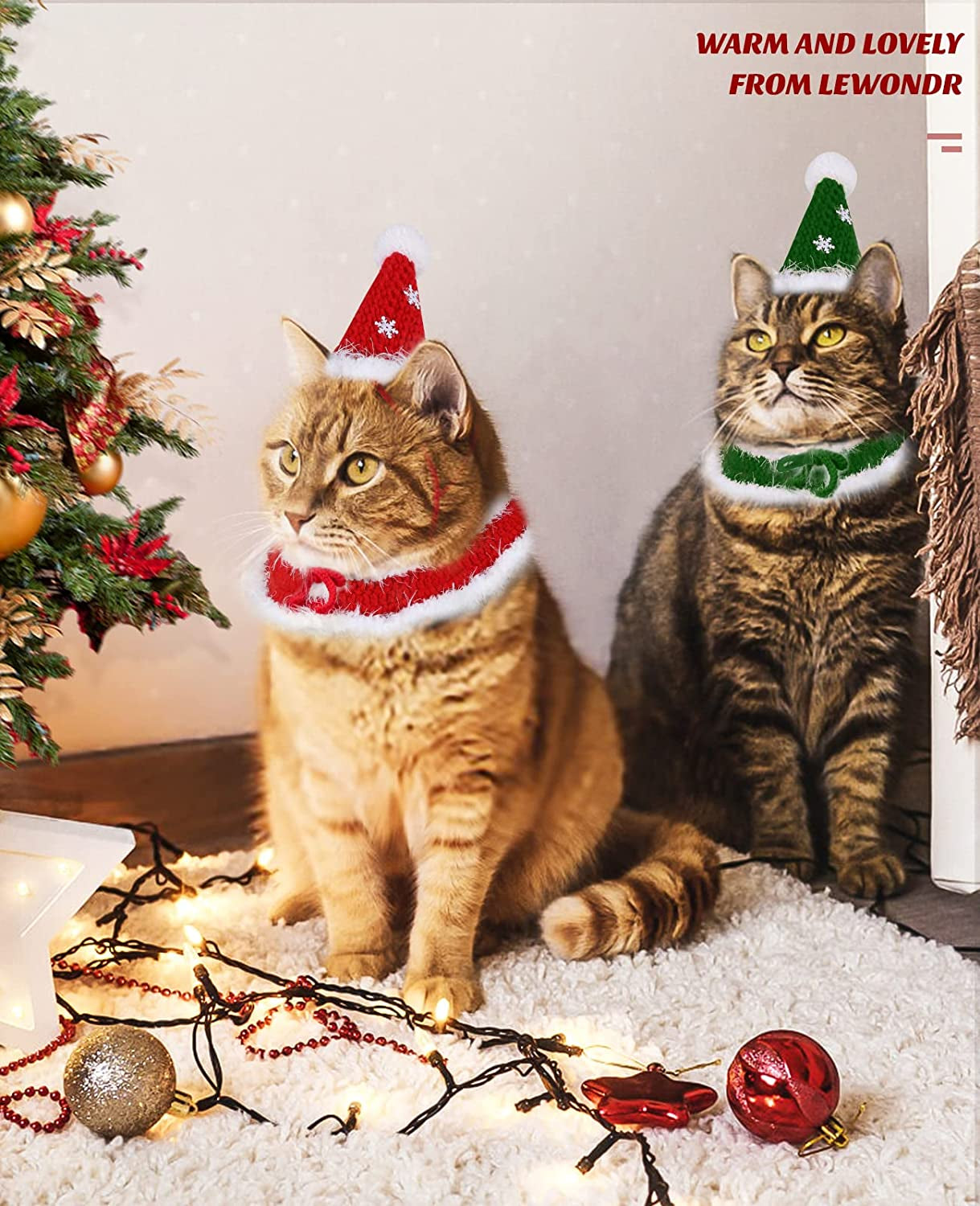 Lewondr Cat Santa Hat with Scarf Collar Christmas Costume Set Cat Dress up Woolen Hat Pet Christmas Costume Outfit Set Weaving Pet Clothing with Santa Hat and Collar for Cat, Large, Red
