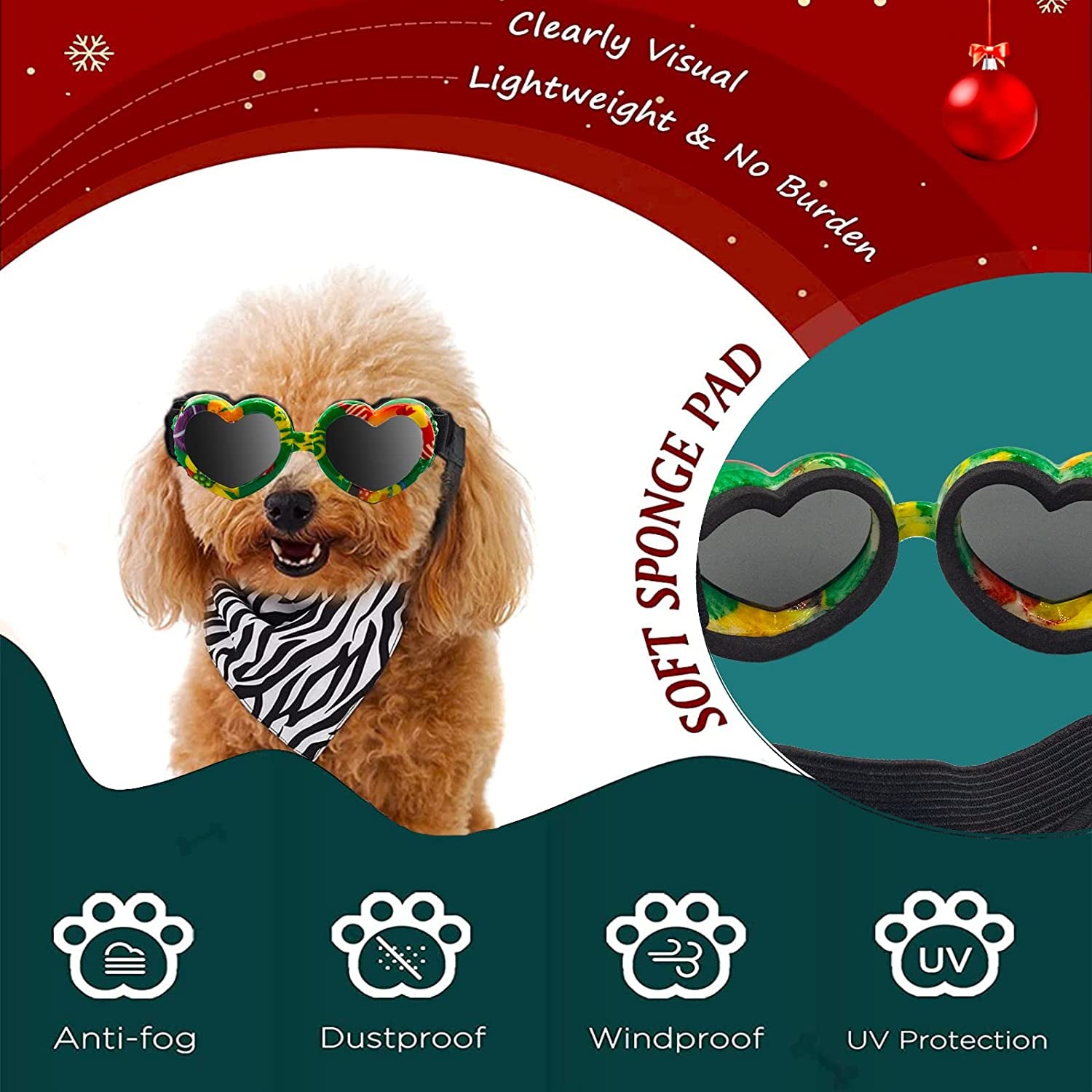 Dog Goggles, Christmas Small Dog Sunglasses, UV Protection Goggles with Adjustable Strap, Doggy Heart Shape Windproof Anti-Fog Pet Glasses for Puppy Eyes Wear Protective (Christmas-Green) Animals & Pet Supplies > Pet Supplies > Dog Supplies > Dog Apparel 8965232151   