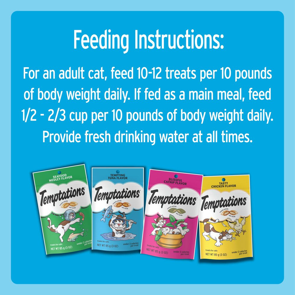 TEMPTATIONS Classic, Crunchy and Soft Cat Treats Feline Favorites Variety Pack, Seafood Medley Flavor, Tasty Chicken Flavor, Blissful Catnip Flavor, and Tempting Tuna Flavor, (6) 3 Oz. Pouches Animals & Pet Supplies > Pet Supplies > Cat Supplies > Cat Treats Mars Petcare   