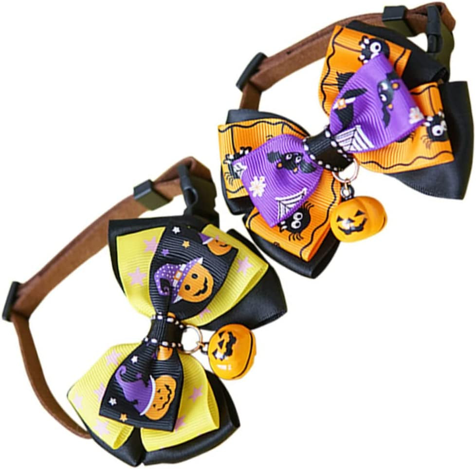 Hohopeti 2Pcs with Bells Breakaway Bow Themed and Tie& Pumpkin Bowties Puppy Outfit Decorations Belt Cute Bowknot Dog Neck Size Halloween Pumkin Neckband Collars S Adjustable Doggiesize Animals & Pet Supplies > Pet Supplies > Dog Supplies > Dog Apparel Hohopeti Assorted Color 21X21CM 