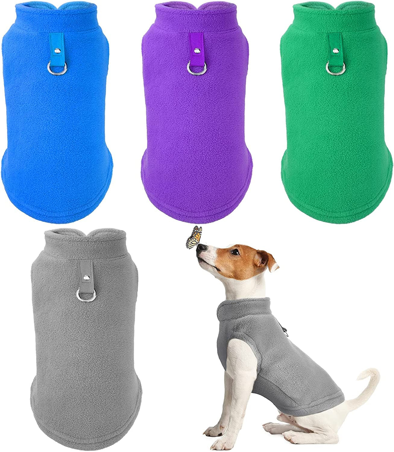 Dog Fleece Vest 4 Pieces Dog Cold Weather Pullover Dog Cozy Jacket Winter Dog Clothes Pet Sweater Vest with Leash Ring for Small Dogs Animals & Pet Supplies > Pet Supplies > Dog Supplies > Dog Apparel SATINIOR Gray, Green, Purple, Blue S 