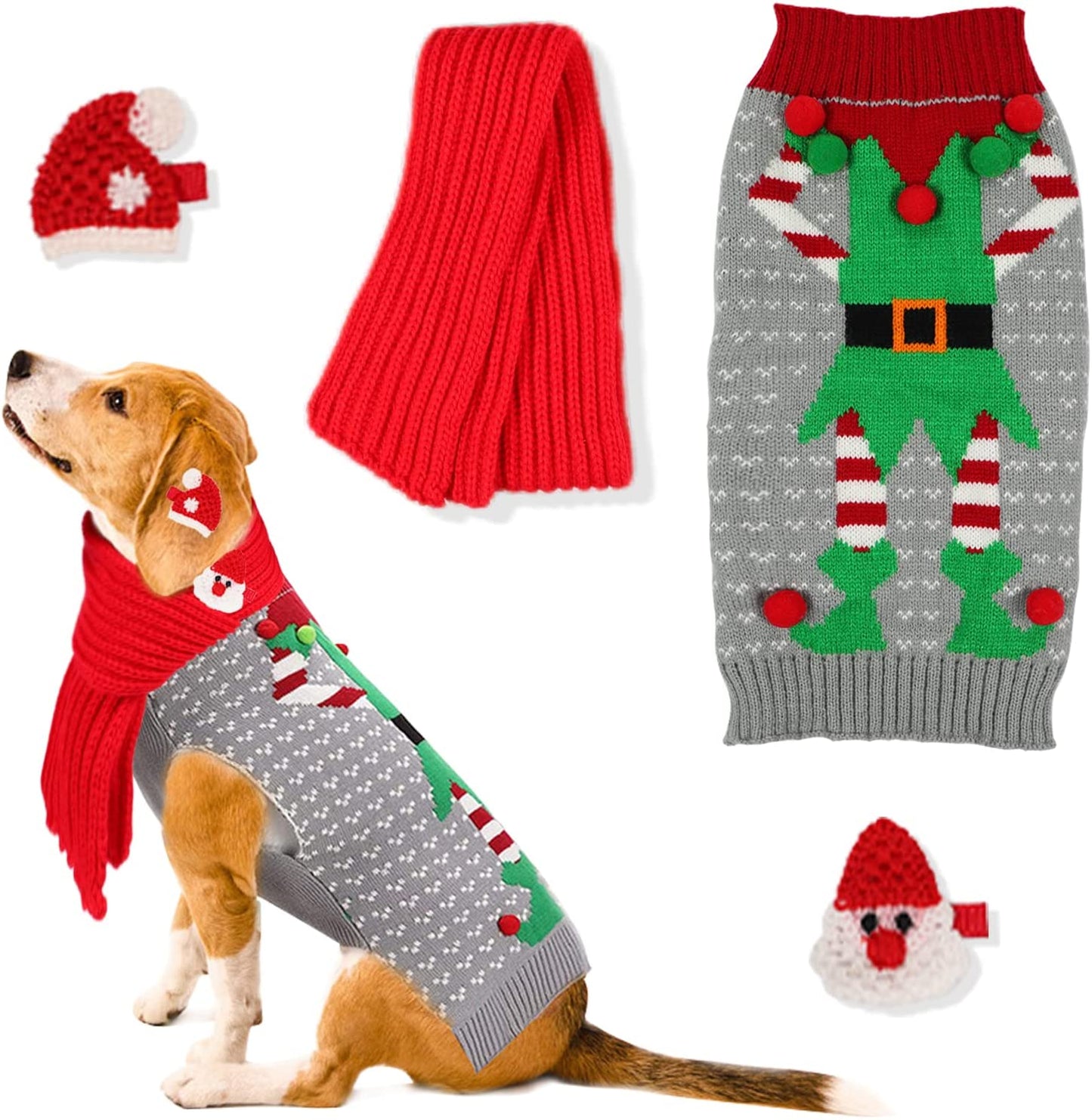 SGQCAR 4Pieces Ugly Christmas Dog Sweater with Scarf and Hairpin Xmas Pet Dog Winter Knitwear Elf Dog Clown Sweaters Holiday and Party for Small Medium Dogs Cat Animals & Pet Supplies > Pet Supplies > Dog Supplies > Dog Apparel SGQCAR-PET Clown Sweater Large 