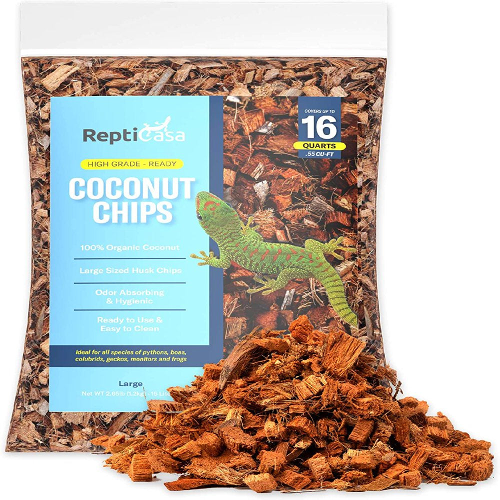 Repticasa Organic Coconut Chips Substrate Clean & Ready to Use for Reptiles, Snakes, Tortoise, and Amphibians, Natural Fiber Free Husks, Clean Breeding and Bedding Flooring, Odor Absorbing - 16 Quarts Animals & Pet Supplies > Pet Supplies > Reptile & Amphibian Supplies > Reptile & Amphibian Food ReptiCasa L  