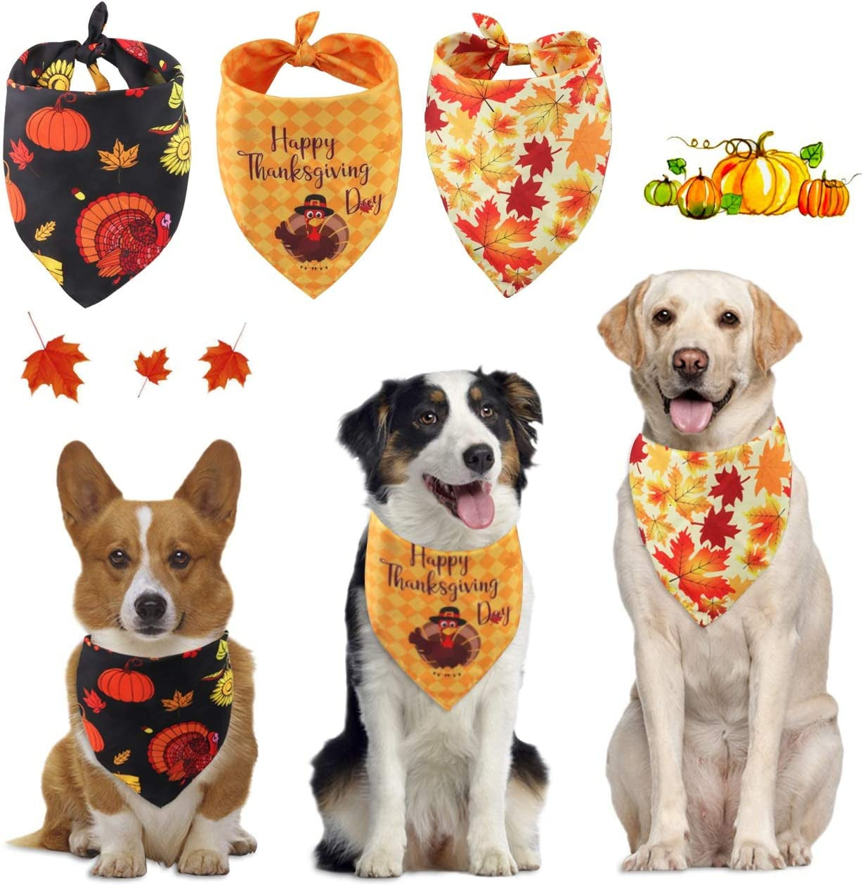 Idepet Autumn Dog Bandana 3 Pack Halloween Fall Pet Triangle Bibs Scarf Cute Turkey Maple Leaf Printing Kerchief Sets Washable Accessories for Small Medium Large Dogs Cats Reversible Animals & Pet Supplies > Pet Supplies > Dog Supplies > Dog Apparel Idepet   