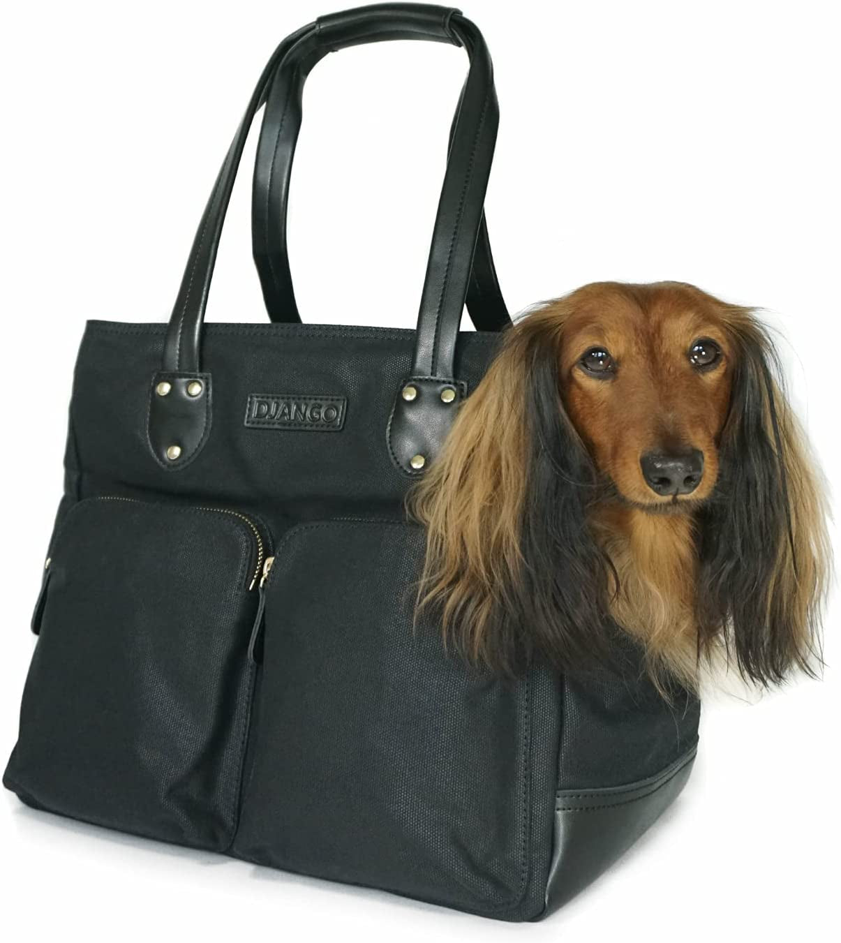 DJANGO Dog Carrier Bag - Waxed Canvas and Leather Soft-Sided Pet Travel Tote with Bag-To-Harness Safety Tether & Secure Zipper Pockets (Medium, Navy Blue) Animals & Pet Supplies > Pet Supplies > Dog Supplies > Dog Apparel DJANGO Black Large 