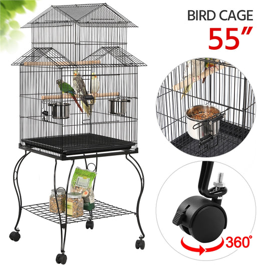 Easyfashion Large Metal Rolling Bird Cage Parrot Aviary Canary Pet Perch with Stand, Black Animals & Pet Supplies > Pet Supplies > Bird Supplies > Bird Cages & Stands Easyfashion   