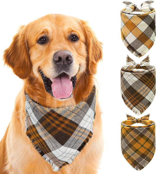 Fall Dog Bandana Plaid Bandana - Washable Replaceable Scarf Soft Pet Square Tassels Brown and Orange Autumn Triangle Bids Animals & Pet Supplies > Pet Supplies > Dog Supplies > Dog Apparel BIHE   