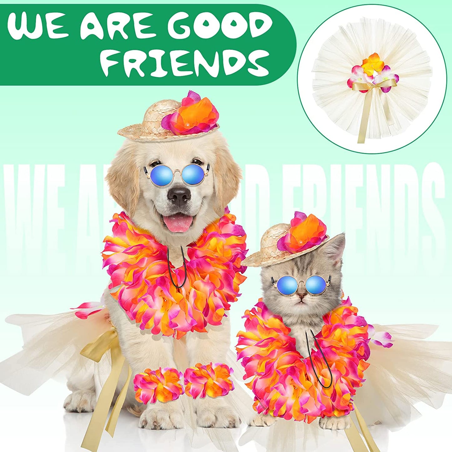 6 Pcs Halloween Pet Dog Hawaiian Costume Includes Dog Tutu Skirt Dog Sunglasses Summer Grass Dog Dresses with Straw Hat and Garland Dog Outfit Dog Costumes for Dogs Puppy Hawaii Luau Party Supplies Animals & Pet Supplies > Pet Supplies > Dog Supplies > Dog Apparel Chunful   