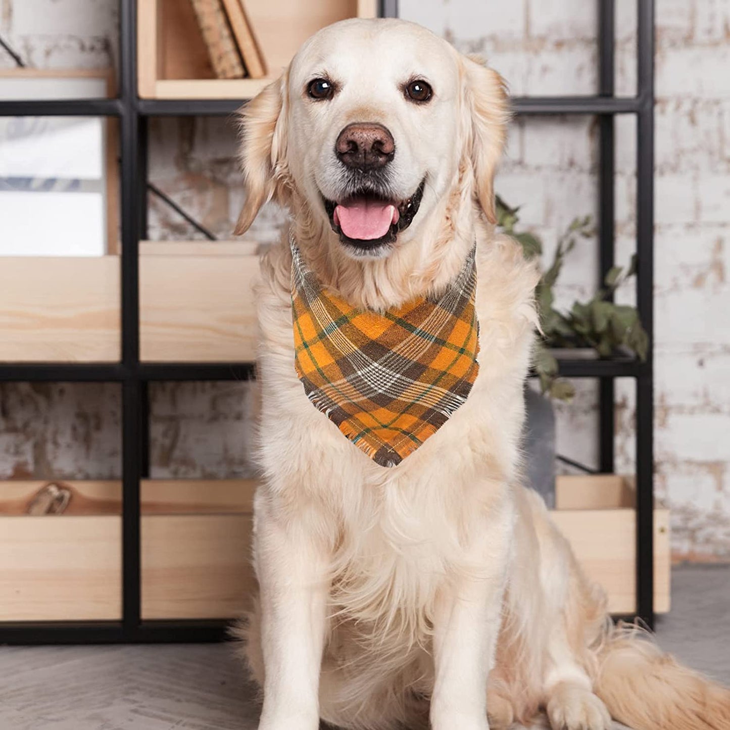 Fall Dog Bandana Plaid Bandana - Washable Replaceable Scarf Soft Pet Square Tassels Brown and Orange Autumn Triangle Bids Animals & Pet Supplies > Pet Supplies > Dog Supplies > Dog Apparel BIHE   