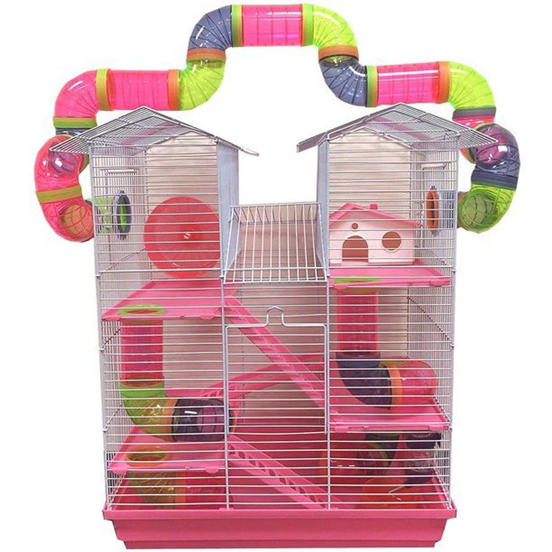 Pink Large 5-Tiers Twin Tower Hamster Mouse Habitat Home House Critter Cage for Rodent Gerbil Mice Rat Wire Animal Cage with Long Crossover Tube Tunnel Animals & Pet Supplies > Pet Supplies > Small Animal Supplies > Small Animal Habitats & Cages Mcage   