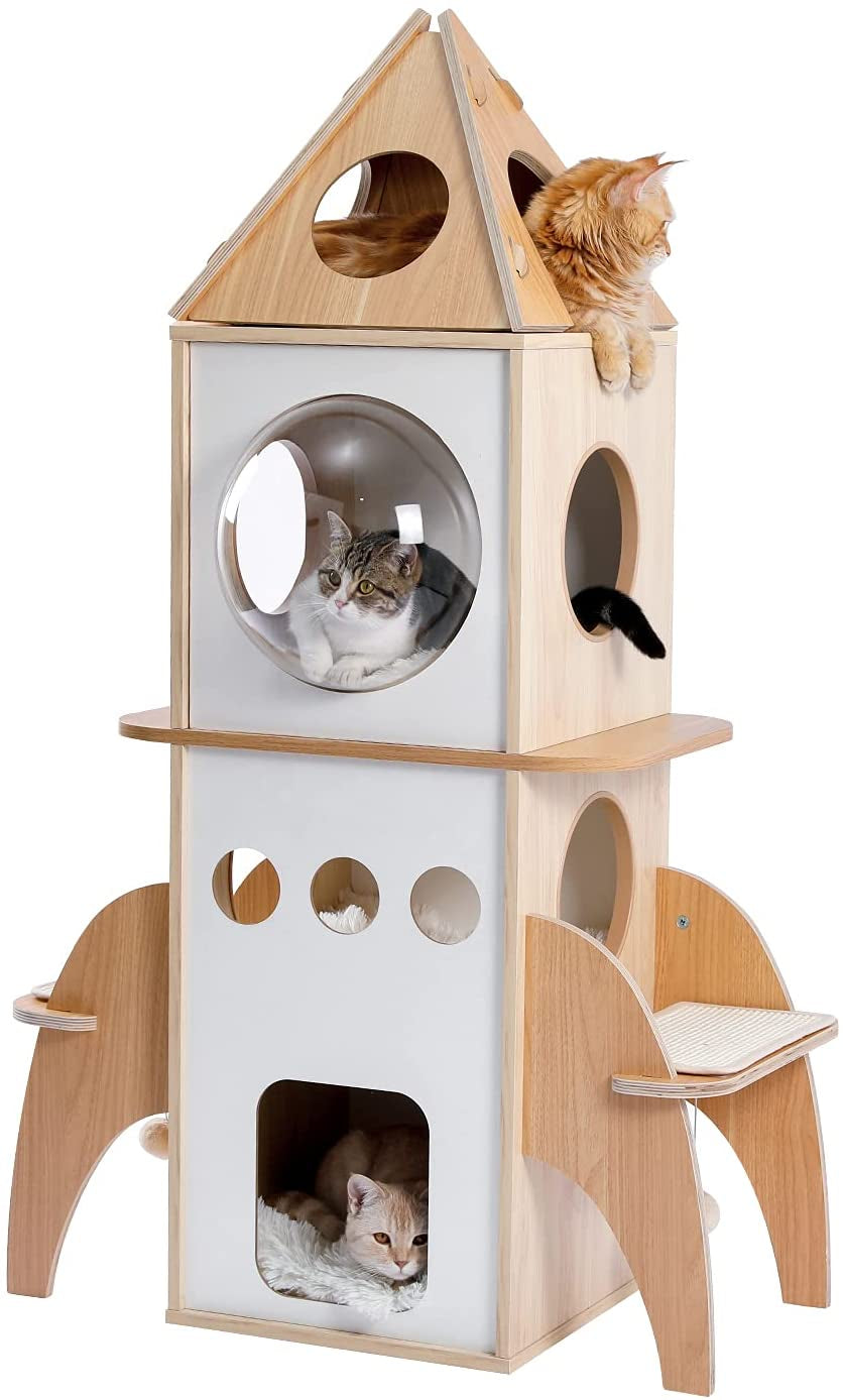 PAWZ Road Modern Cat Tree Tower Rocket Multi-Level Cat Tree Spaceship 3 Condo Cat Furniture 54", Beige