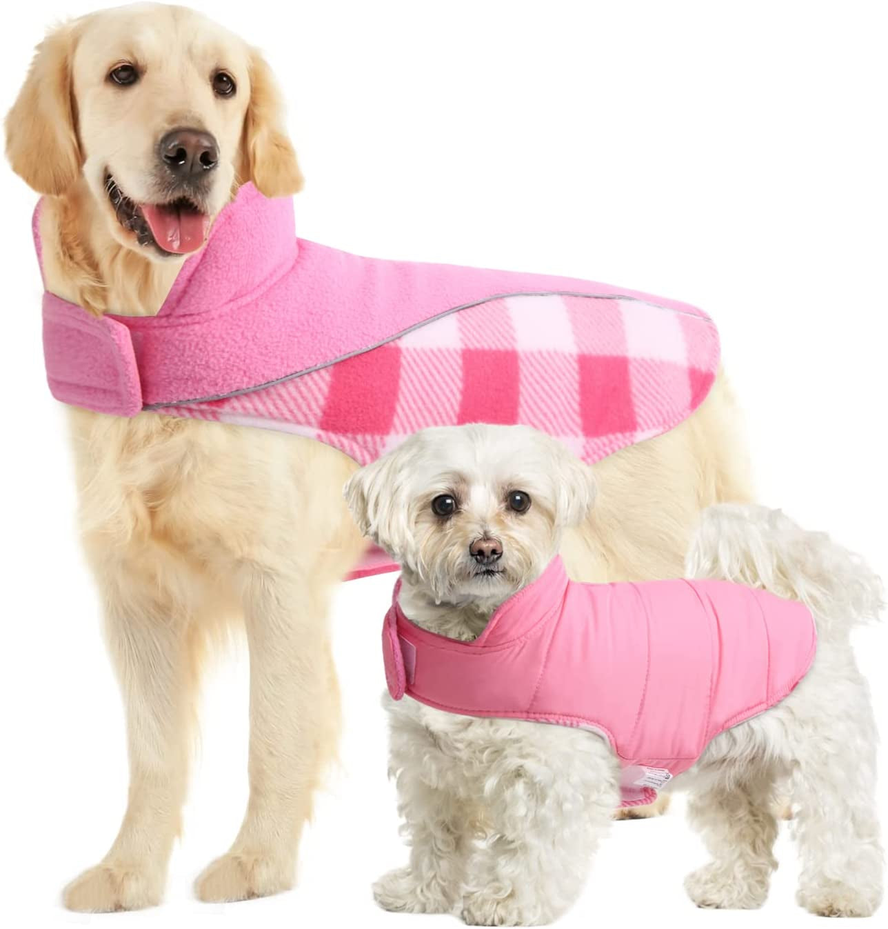 SUNFURA Reflective Dog Cold Weather Coat, British Style Plaid Reversible Waterproof Windproof Pet Winter Warm Vest, Cozy Cotton Lined Stand-Up Collar Outdoor Jacket Apparel for Small Medium Large Dogs Animals & Pet Supplies > Pet Supplies > Dog Supplies > Dog Apparel SUNFURA Pink M (Back: 13.3'', Chest: 16.1''-20'') 