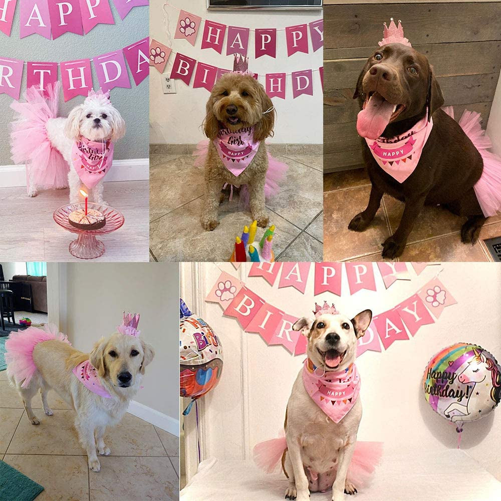 ADOGGYGO Dog Birthday Bandana Girl - Birthday Party Supplies - Pink Tutu Skirt Crown Hat Scarf Happy Birthday Banner Dog Girl Birthday Outfit for Pet Puppy Cat Girl (Pink) Animals & Pet Supplies > Pet Supplies > Dog Supplies > Dog Apparel ADOGGYGO   