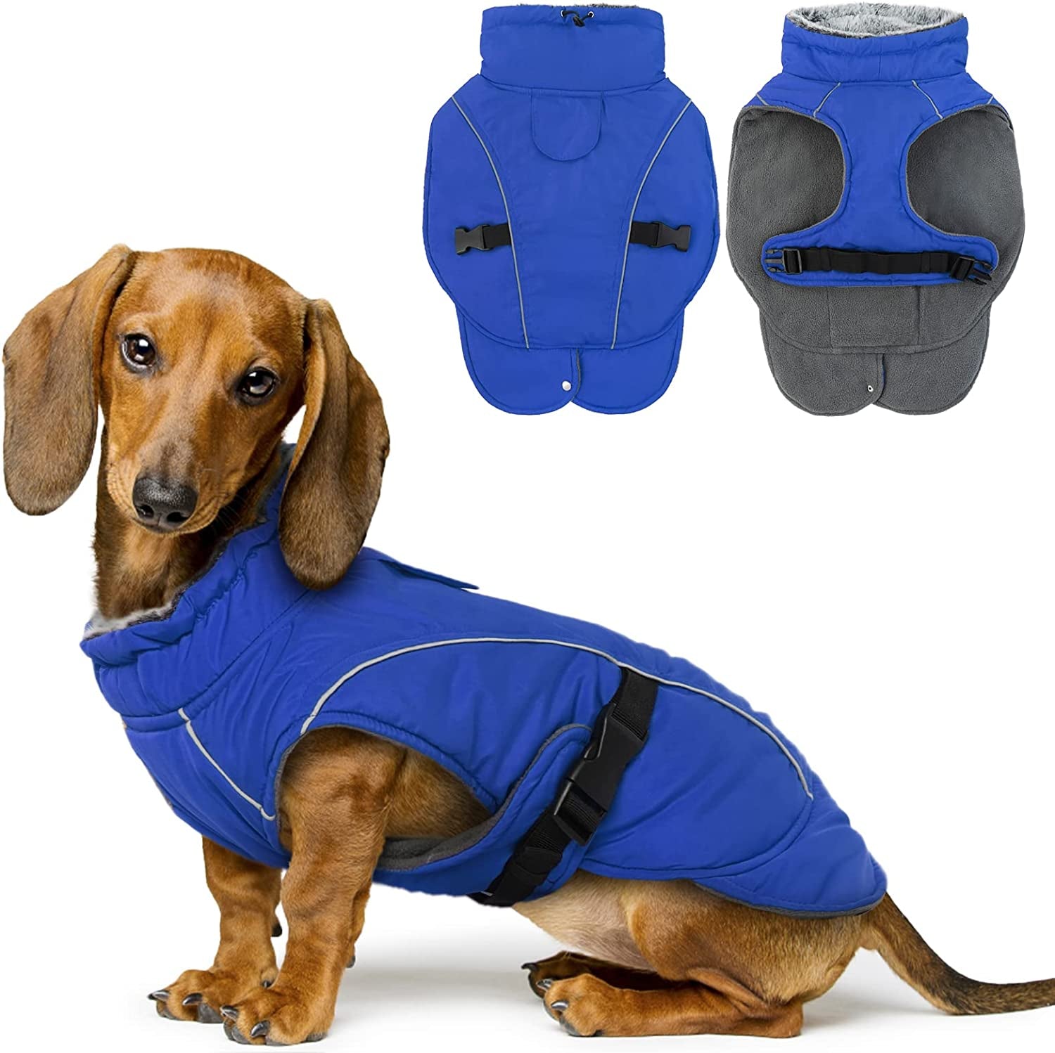 FUAMEY Dog Cold Weather Jacket,Dog Winter Coat with Fur Collar Pet Windproof Warm Vest Doggie Reflective Apparel Small Medium Large Paded Dog Clothes with Leash Hole Thick Dog Fleece Outdoor Coats Animals & Pet Supplies > Pet Supplies > Dog Supplies > Dog Apparel FUAMEY blue Large(chest:21-24in) 